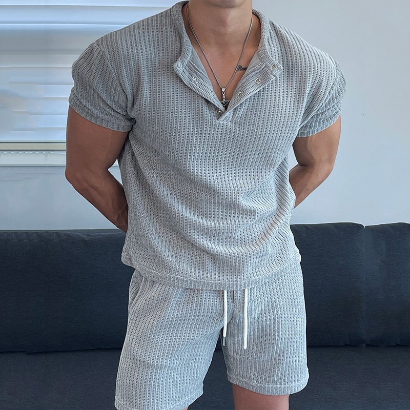 Loose Fit Breathable Cotton Blend T-Shirt and Shorts Sports Suit for Men's Casual Summer Wear