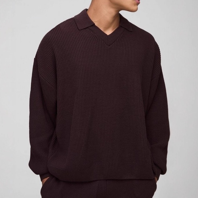 Knitted Polo Collar V-Neck Long-Sleeved Winter Sweater for Casual Men's Wear