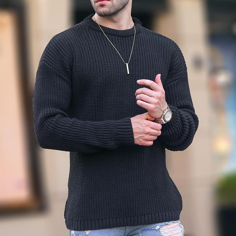 Solid Color Round Neck Knit Pullover for Men's Breathable Winter Sports Wear