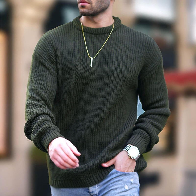 Solid Color Round Neck Knit Pullover for Men's Breathable Winter Sports Wear