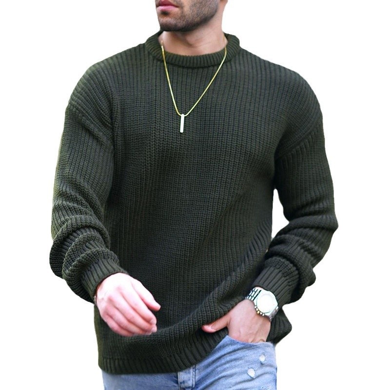 Solid Color Round Neck Knit Pullover for Men's Breathable Winter Sports Wear