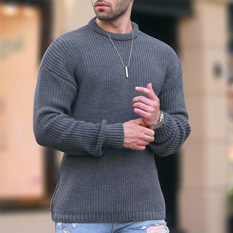 Solid Color Round Neck Knit Pullover for Men's Breathable Winter Sports Wear