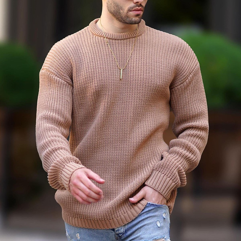 Solid Color Round Neck Knit Pullover for Men's Breathable Winter Sports Wear