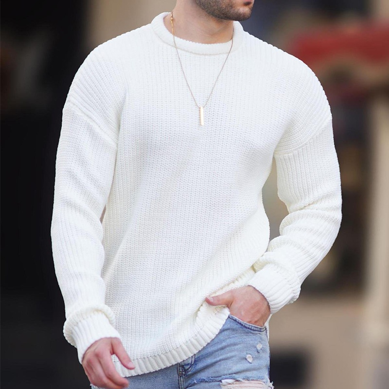 Solid Color Round Neck Knit Pullover for Men's Breathable Winter Sports Wear