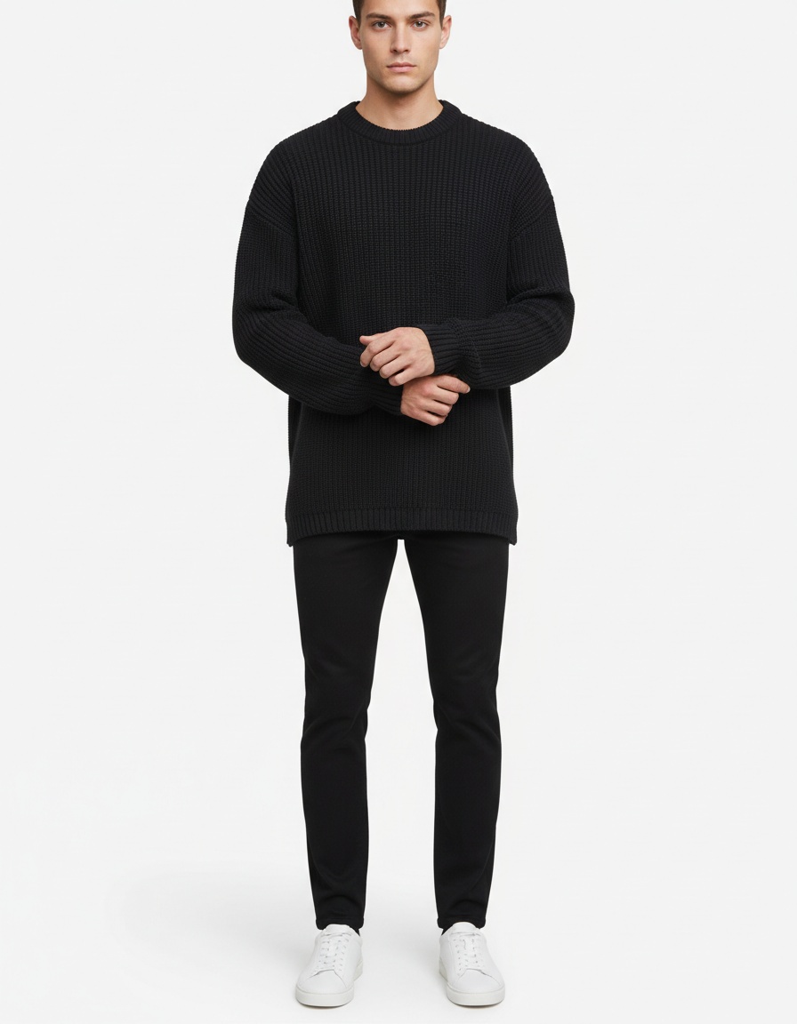 Solid Color Round Neck Knit Pullover for Men's Breathable Winter Sports Wear