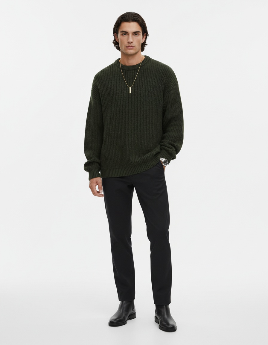 Solid Color Round Neck Knit Pullover for Men's Breathable Winter Sports Wear