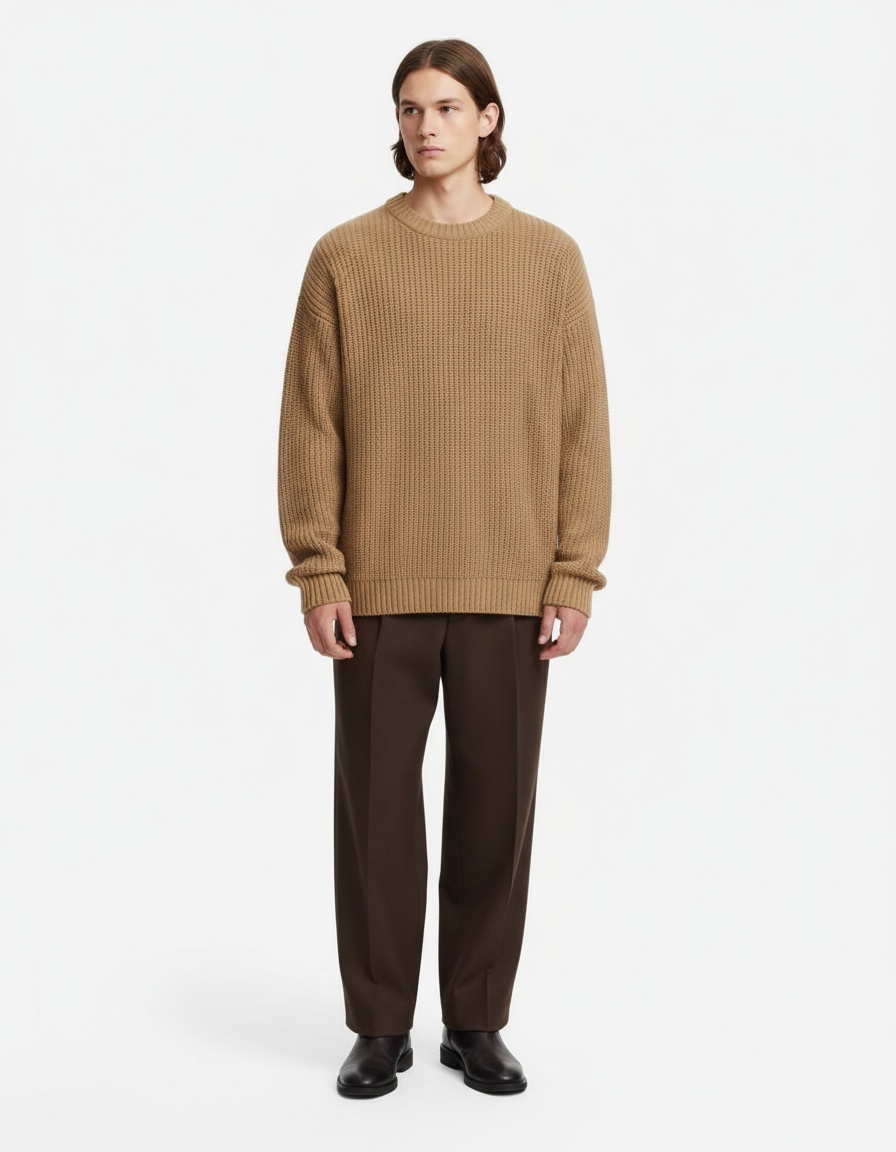 Solid Color Round Neck Knit Pullover for Men's Breathable Winter Sports Wear