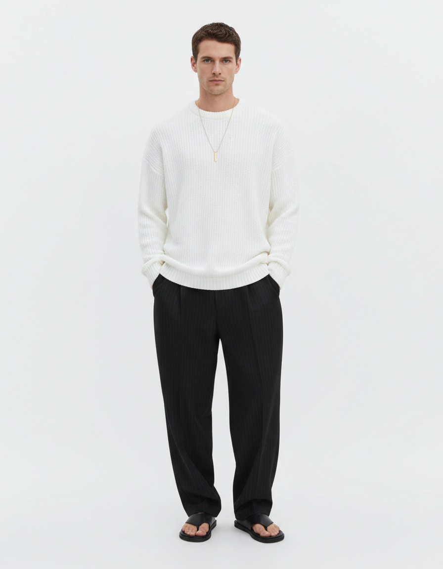 Solid Color Round Neck Knit Pullover for Men's Breathable Winter Sports Wear