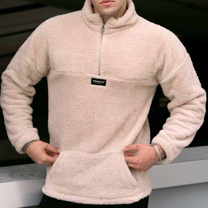 Plush Loose Fit Stand Collar Zip-Up Winter Sweatshirt for Men's Casual Wear