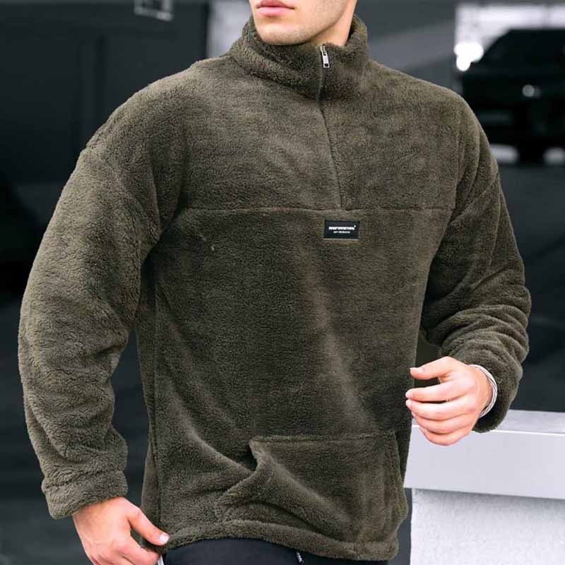 Plush Loose Fit Stand Collar Zip-Up Winter Sweatshirt for Men's Casual Wear