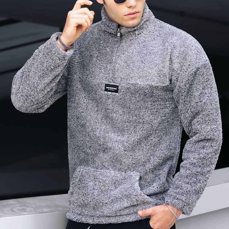 Plush Loose Fit Stand Collar Zip-Up Winter Sweatshirt for Men's Casual Wear