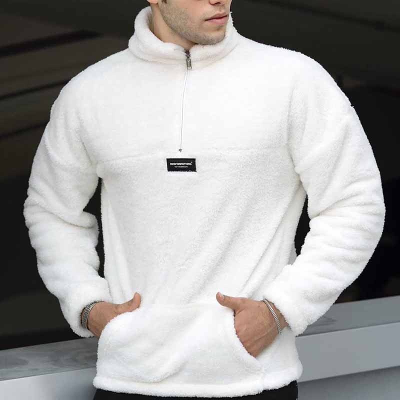 Plush Loose Fit Stand Collar Zip-Up Winter Sweatshirt for Men's Casual Wear