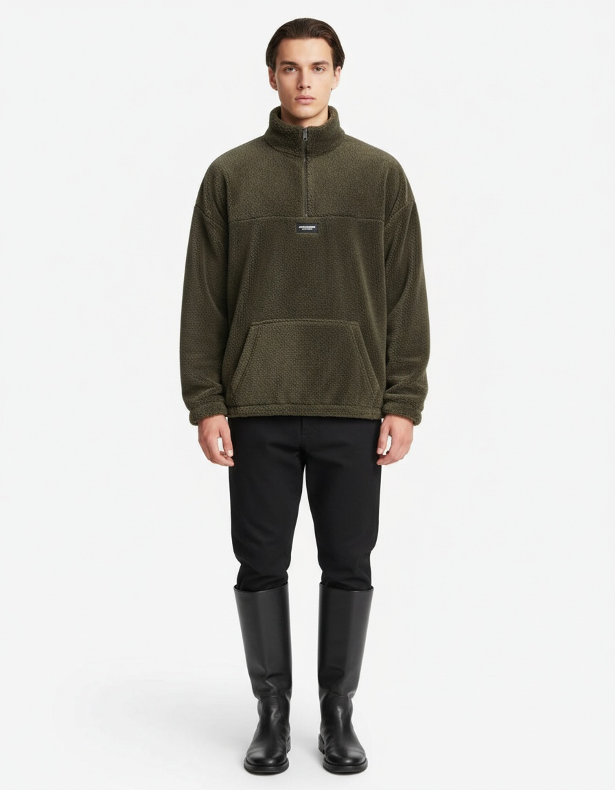 Plush Loose Fit Stand Collar Zip-Up Winter Sweatshirt for Men's Casual Wear