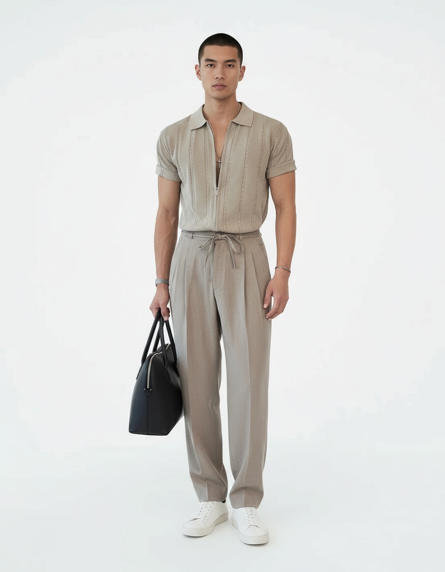 Zippered Knitted Vertical Striped Loose Fit Men's Polo Shirt