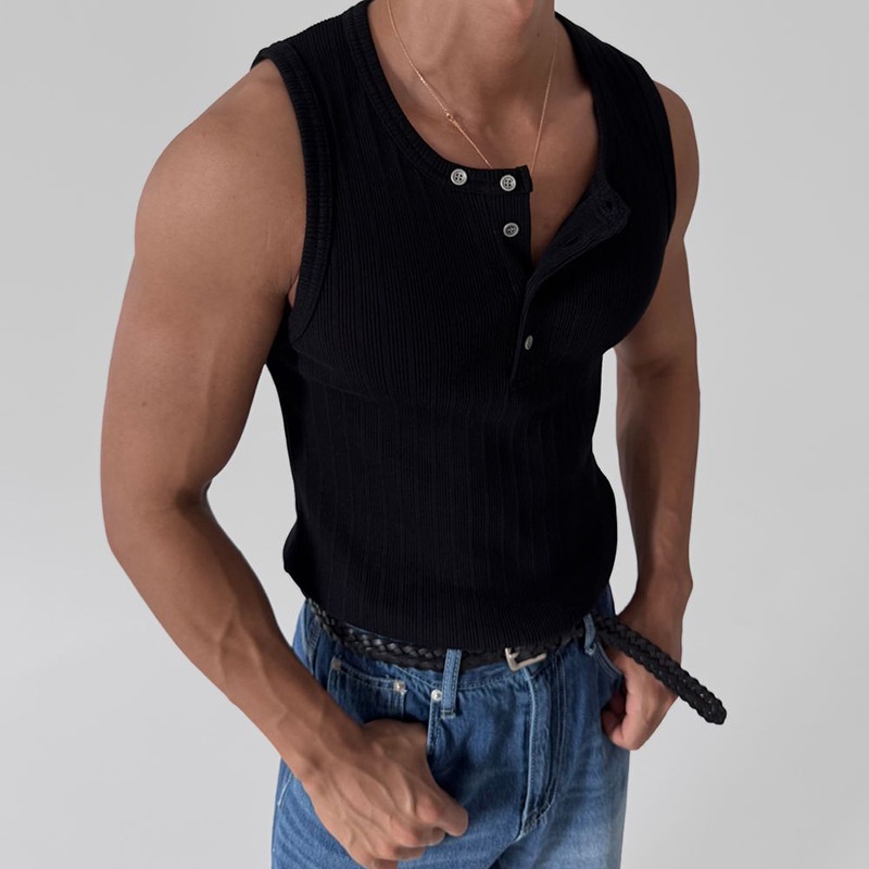 Débardeur de fitness sans manches à col Henley pour homme, idéal pour l'été décontracté.