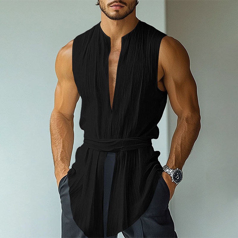 V-Neck Sleeveless Tie-Up Vest with Breathable Summer Fit for Men's Casual Wear