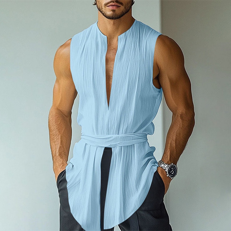 V-Neck Sleeveless Tie-Up Vest with Breathable Summer Fit for Men's Casual Wear