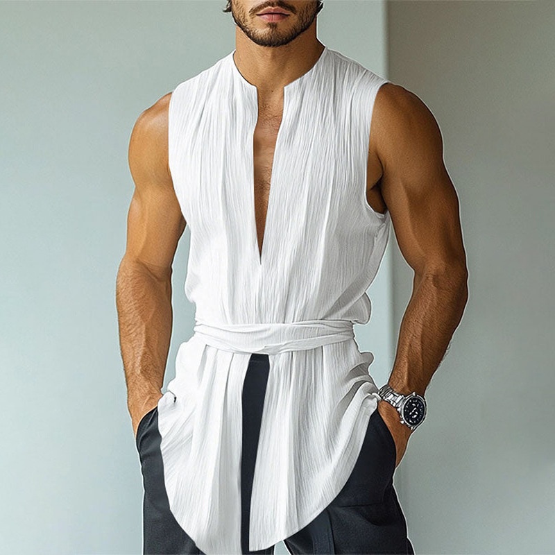 V-Neck Sleeveless Tie-Up Vest with Breathable Summer Fit for Men's Casual Wear