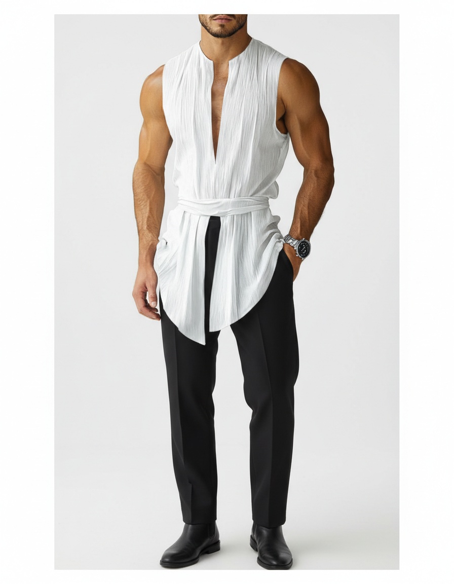 V-Neck Sleeveless Tie-Up Vest with Breathable Summer Fit for Men's Casual Wear