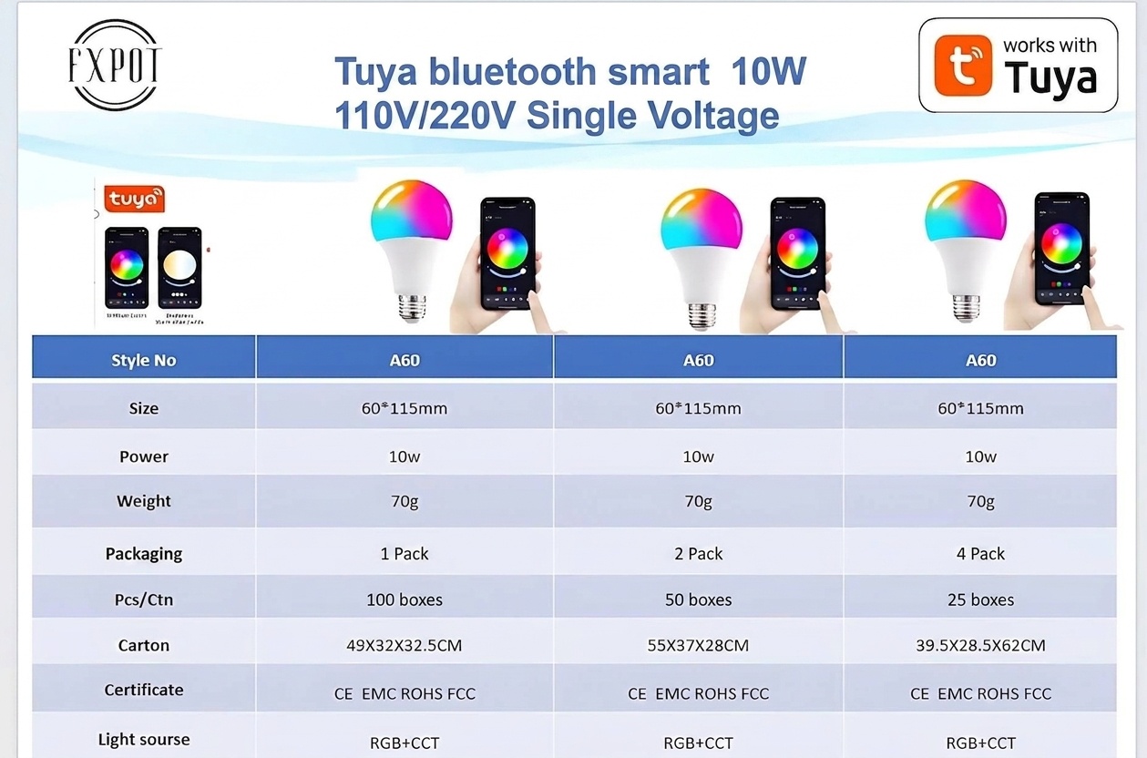 Smart WiFi LED Light Bulb RGB+CCT Dimmable E27/E26 Tuya App