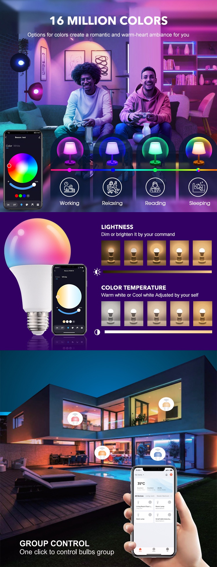 Smart WiFi LED Light Bulb RGB+CCT Dimmable E27/E26 Tuya App