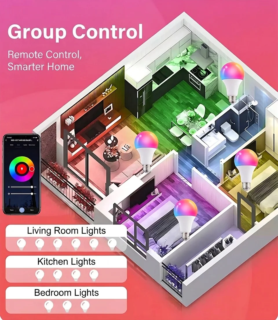 Smart WiFi LED Light Bulb RGB+CCT Dimmable E27/E26 Tuya App