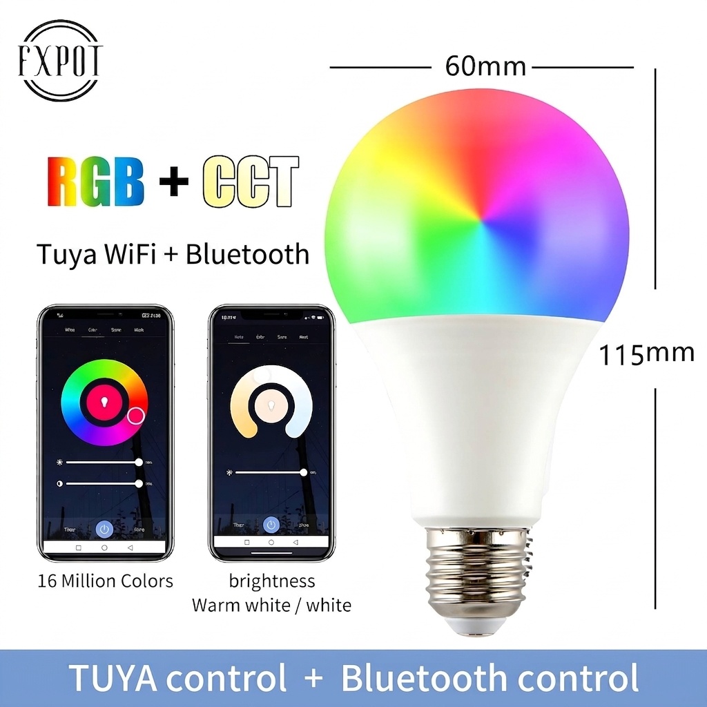 Smart WiFi LED Light Bulb RGB+CCT Dimmable E27/E26 Tuya App