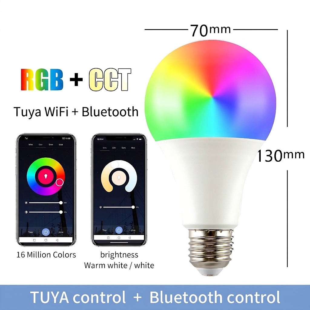 Smart WiFi LED Light Bulb RGB+CCT Dimmable E27/E26 Tuya App