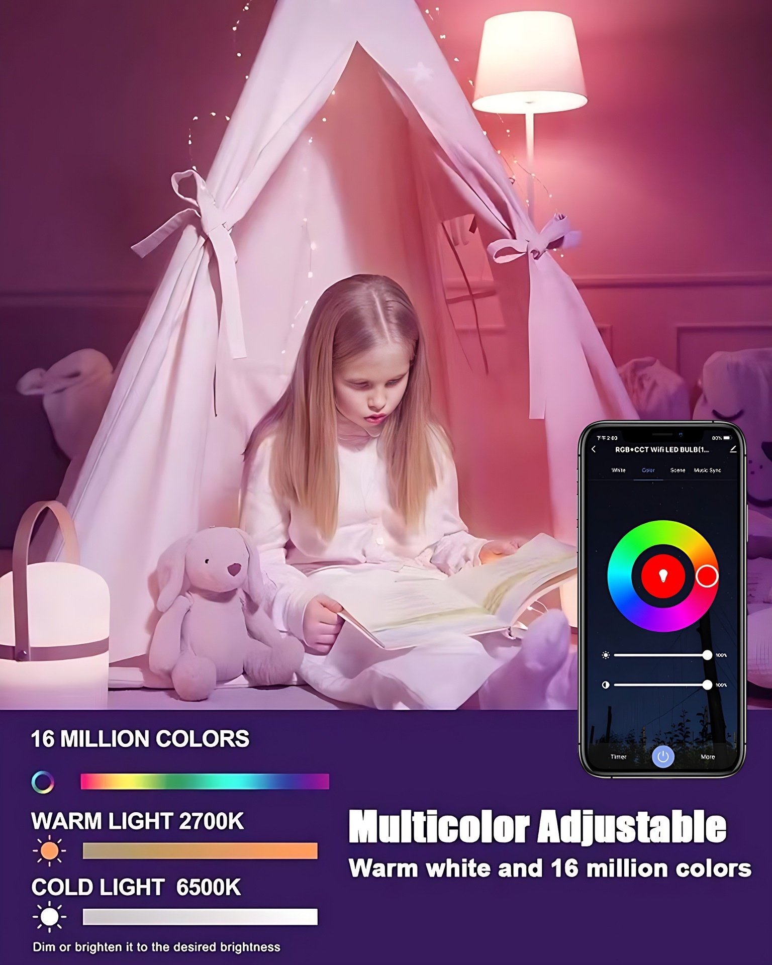 Smart WiFi LED Light Bulb RGB+CCT Dimmable E27/E26 Tuya App
