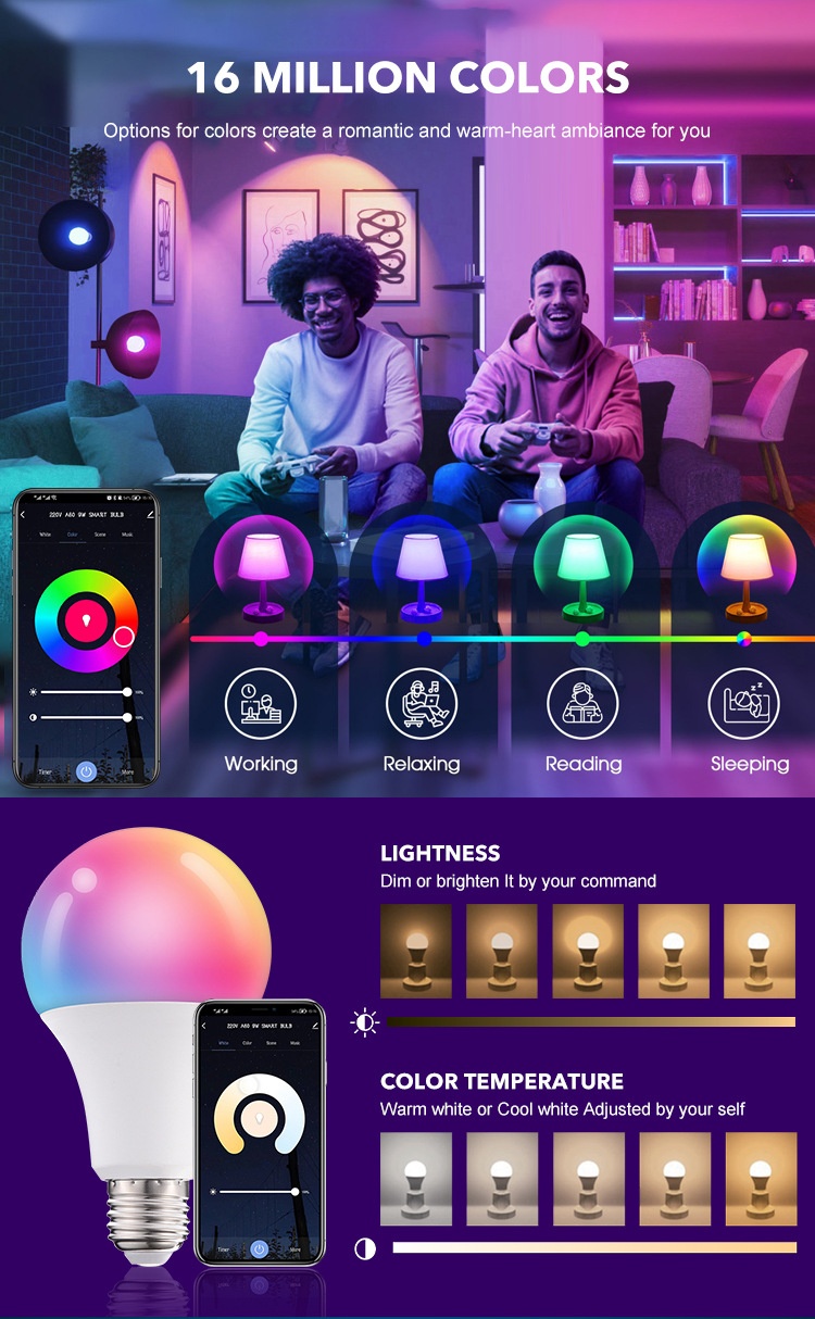 Bombilla LED inteligente Tuya RGB+CCT regulable E27 A60 con control por voz
