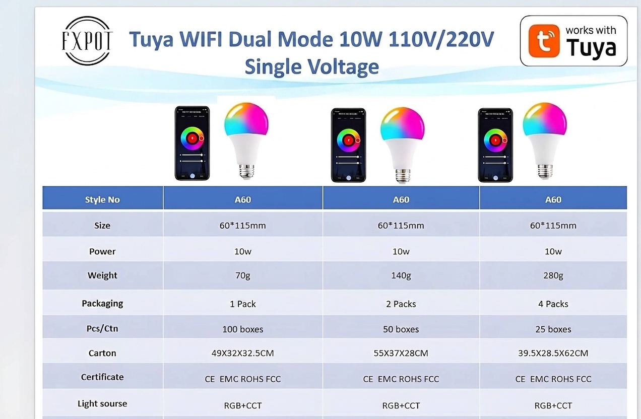 Bombilla LED inteligente Tuya RGB+CCT regulable E27 A60 con control por voz