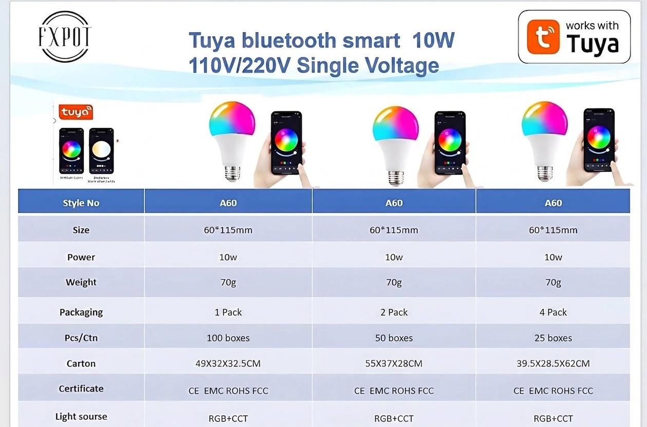 Bombilla LED inteligente Tuya RGB+CCT regulable E27 A60 con control por voz
