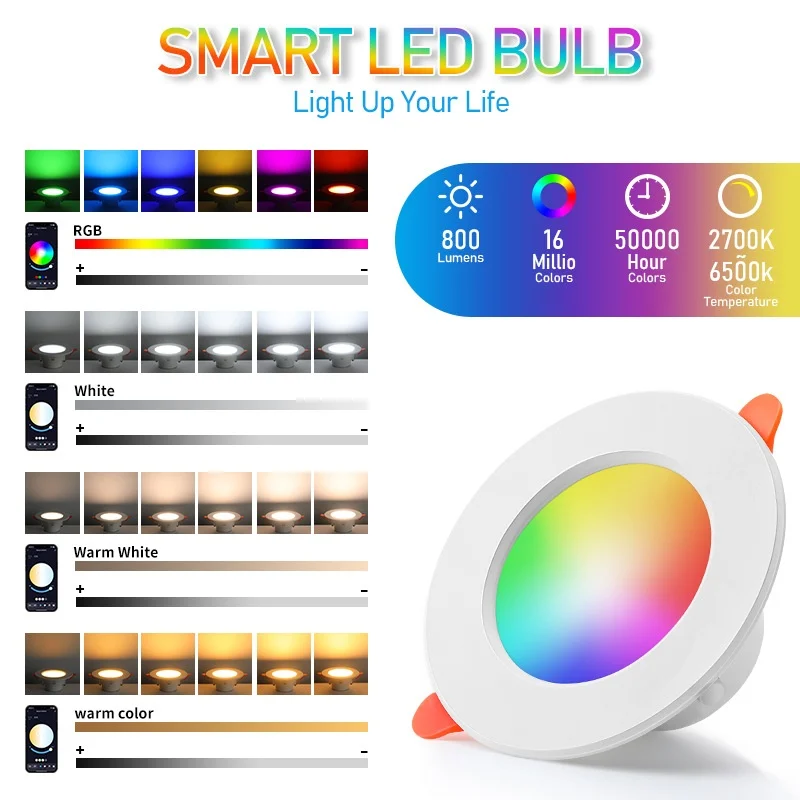 Smart LED Recessed Downlight RGB CCT Dimmable WiFi Bluetooth