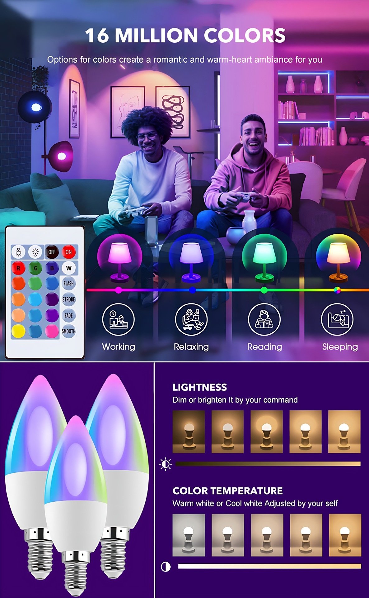 Smart RGB LED Candelabra Bulb E12/E14 Dimmable Color
