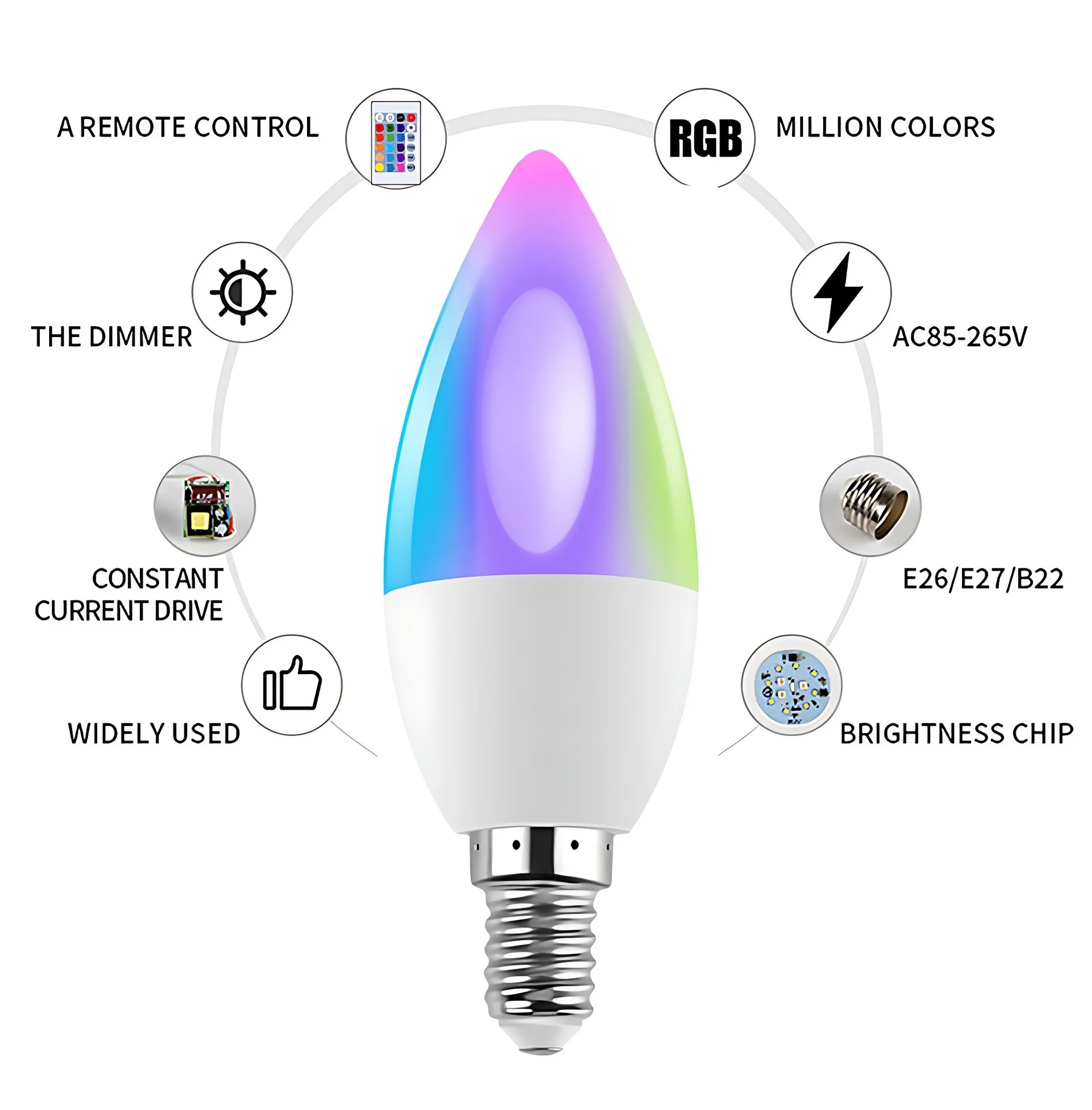 Smart RGB LED Candelabra Bulb E12/E14 Dimmable Color