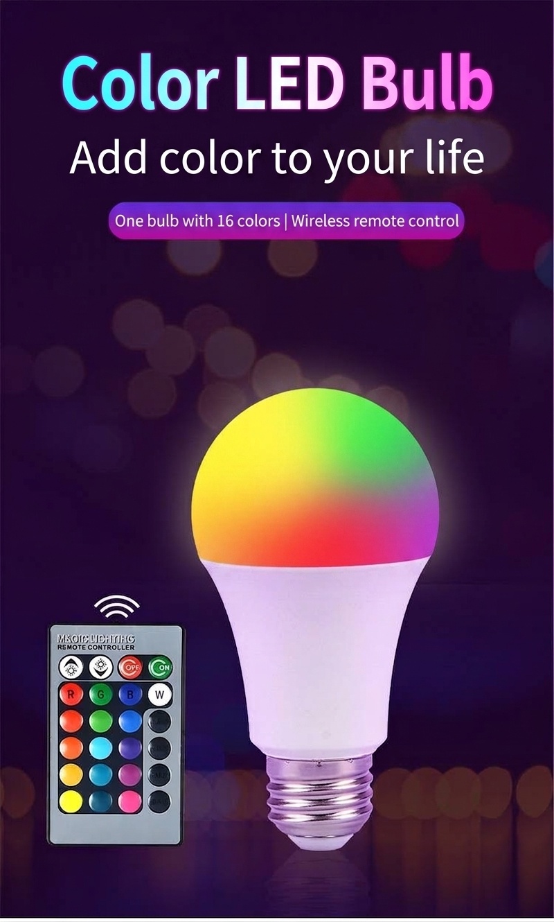 Lampadina LED RGB intelligente con attacco E27, telecomando e funzione di regolazione dell'intensità luminosa.