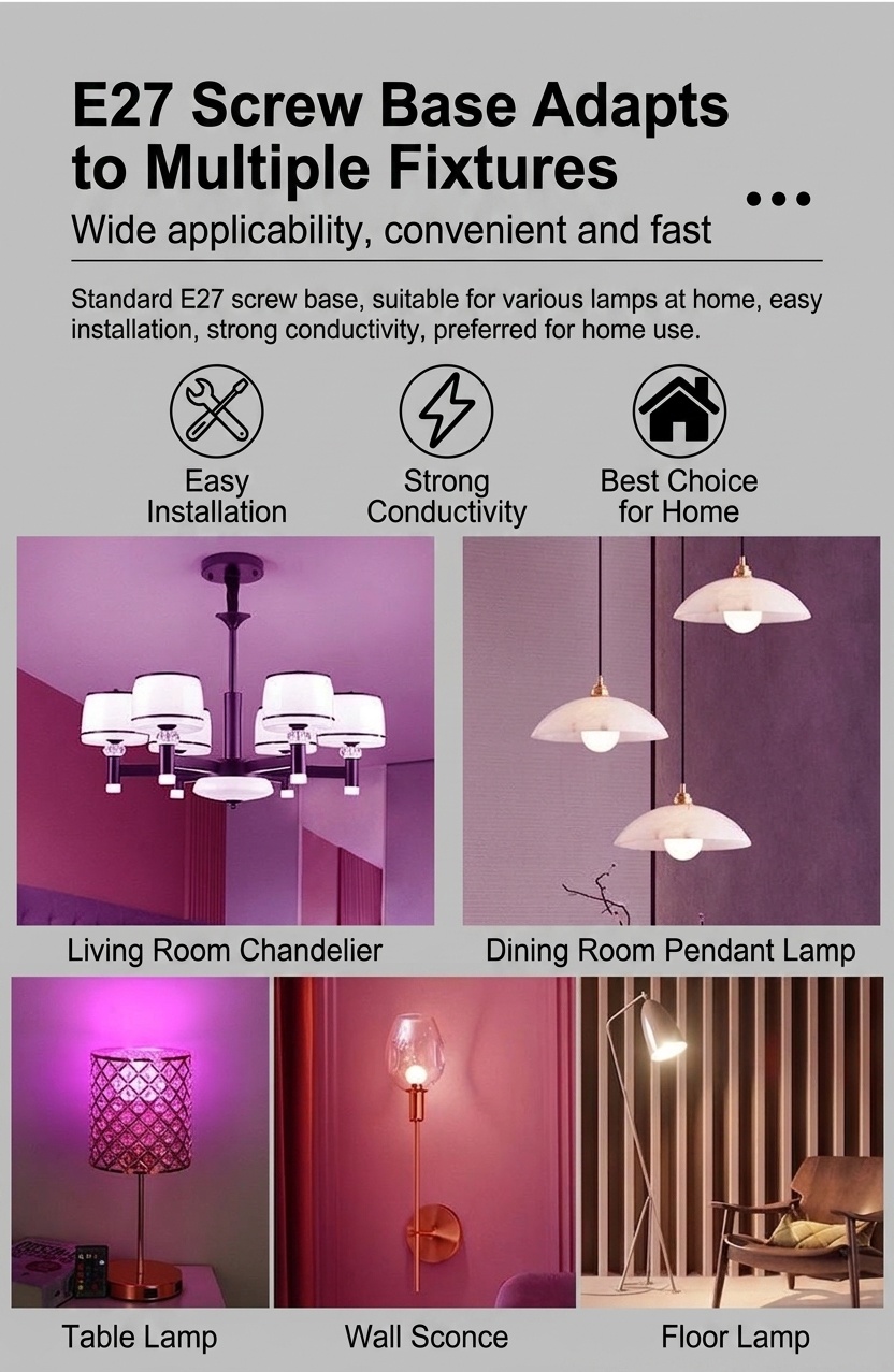 Lampadina LED RGB intelligente con attacco E27, telecomando e funzione di regolazione dell'intensità luminosa.