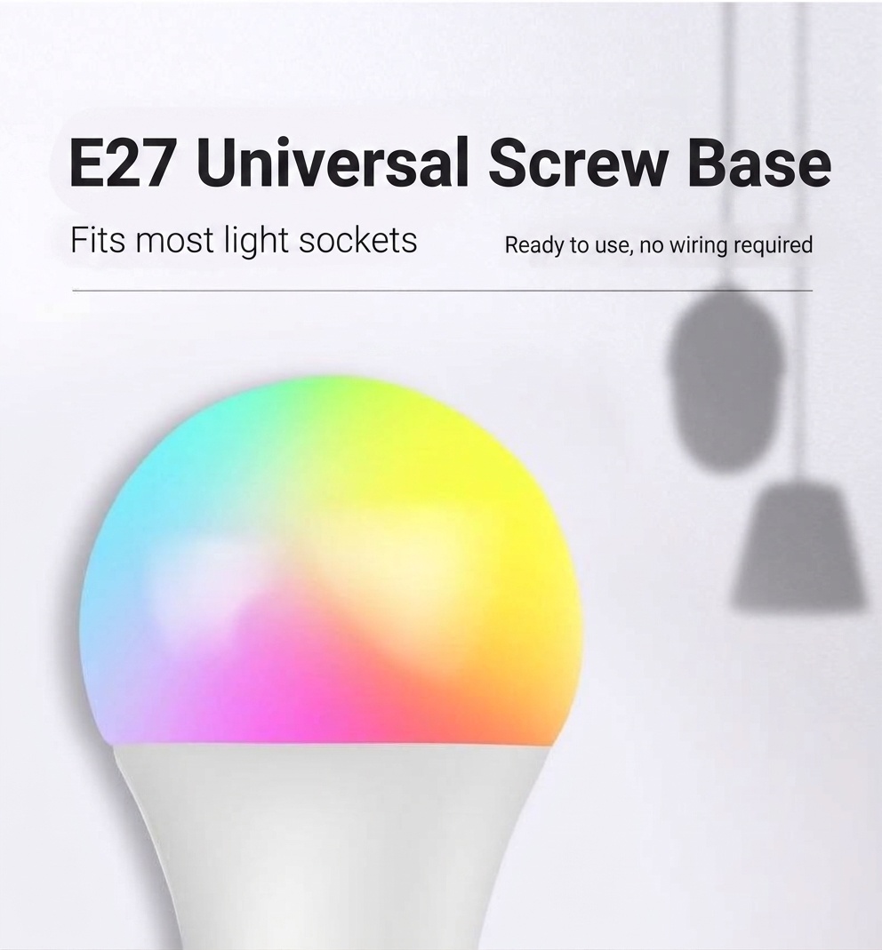 Lampadina LED RGB intelligente con attacco E27, telecomando e funzione di regolazione dell'intensità luminosa.