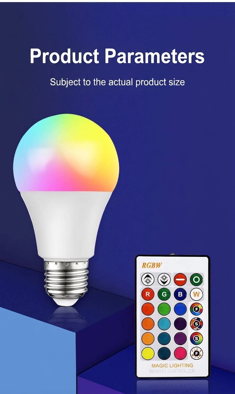 Lampadina LED RGB intelligente con attacco E27, telecomando e funzione di regolazione dell'intensità luminosa.