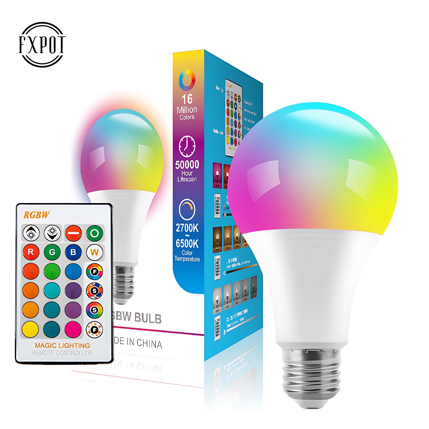 Lampadina LED RGB intelligente con attacco E27, telecomando e funzione di regolazione dell'intensità luminosa.