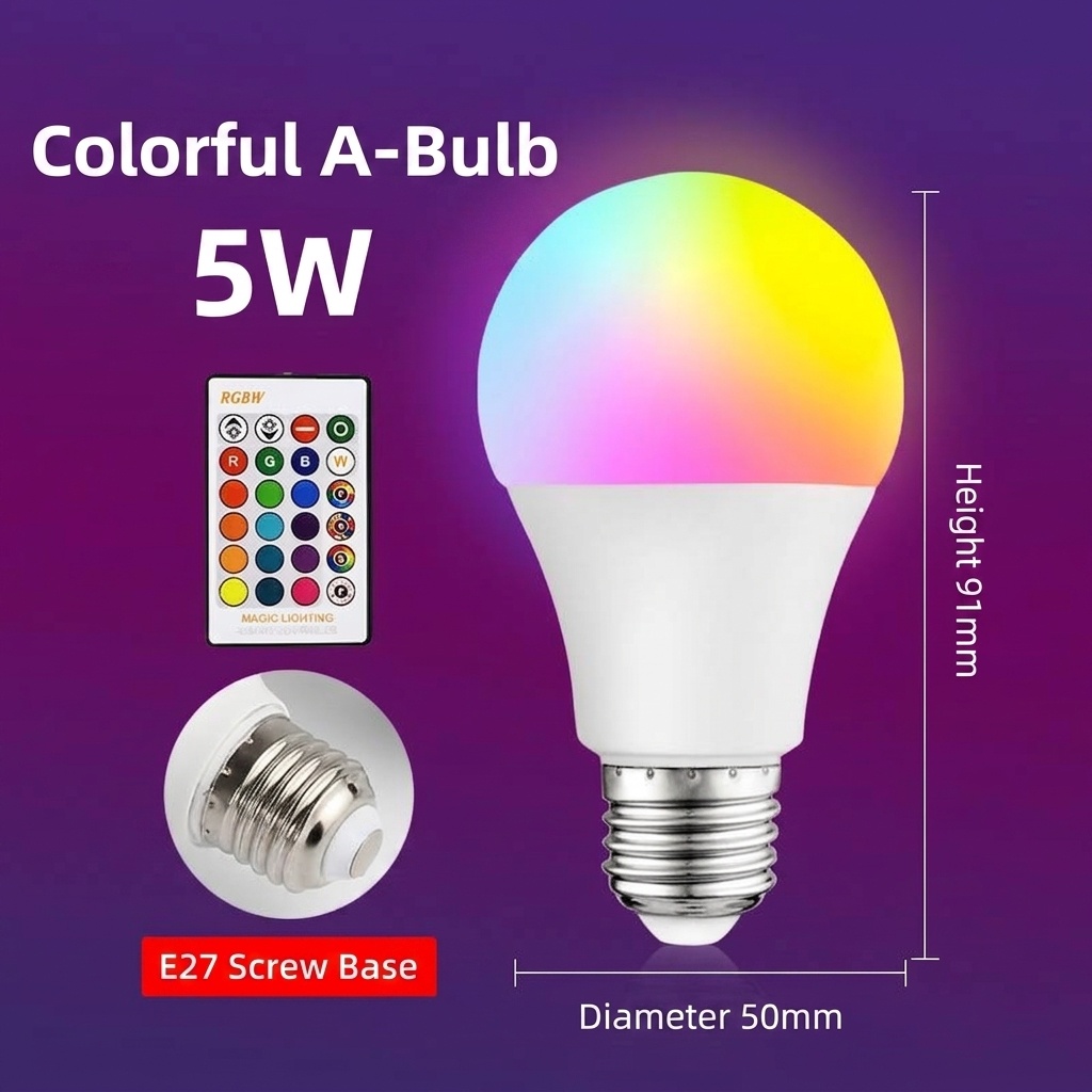 Lampadina LED RGB intelligente con attacco E27, telecomando e funzione di regolazione dell'intensità luminosa.