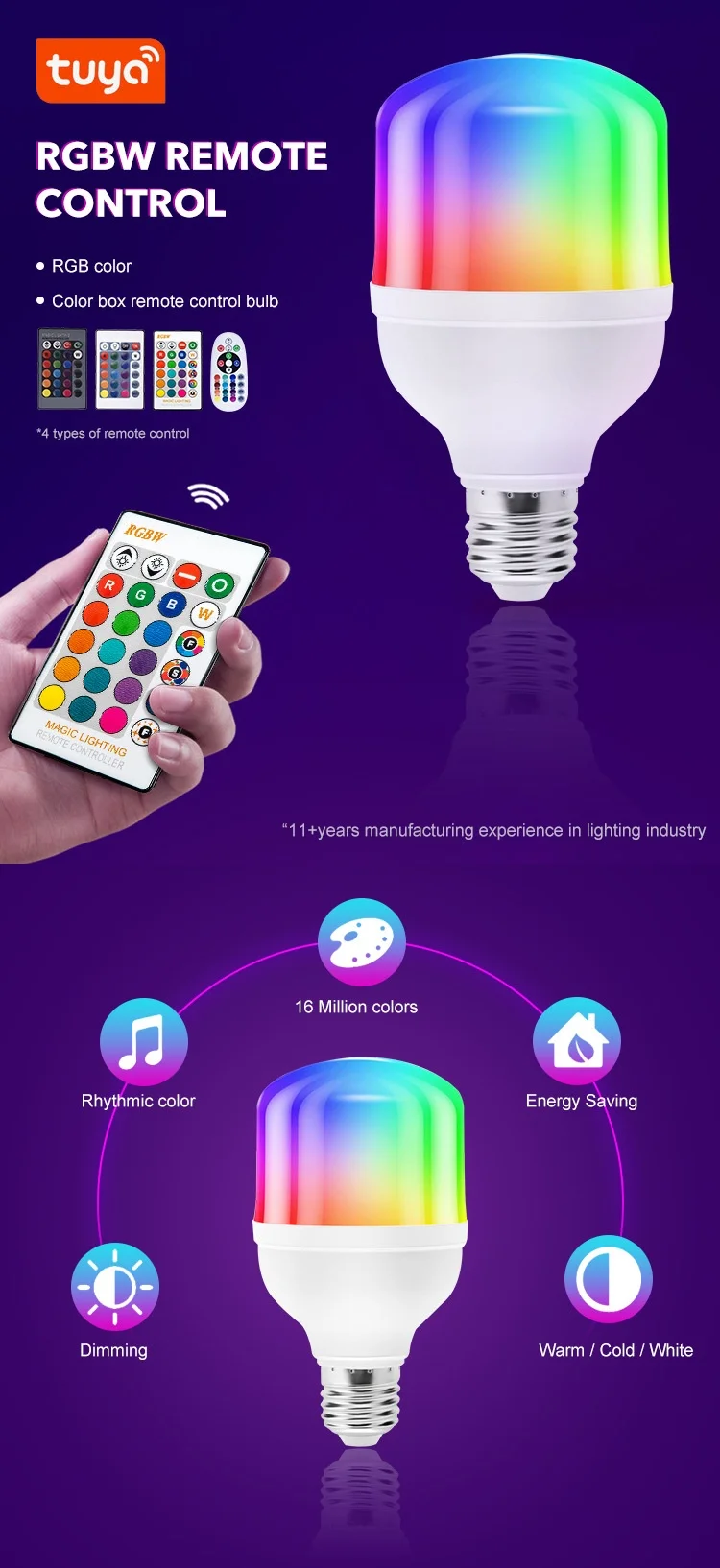 Tuya Smart RGBW LED Bulb E27 Dimmable Color Changing Light