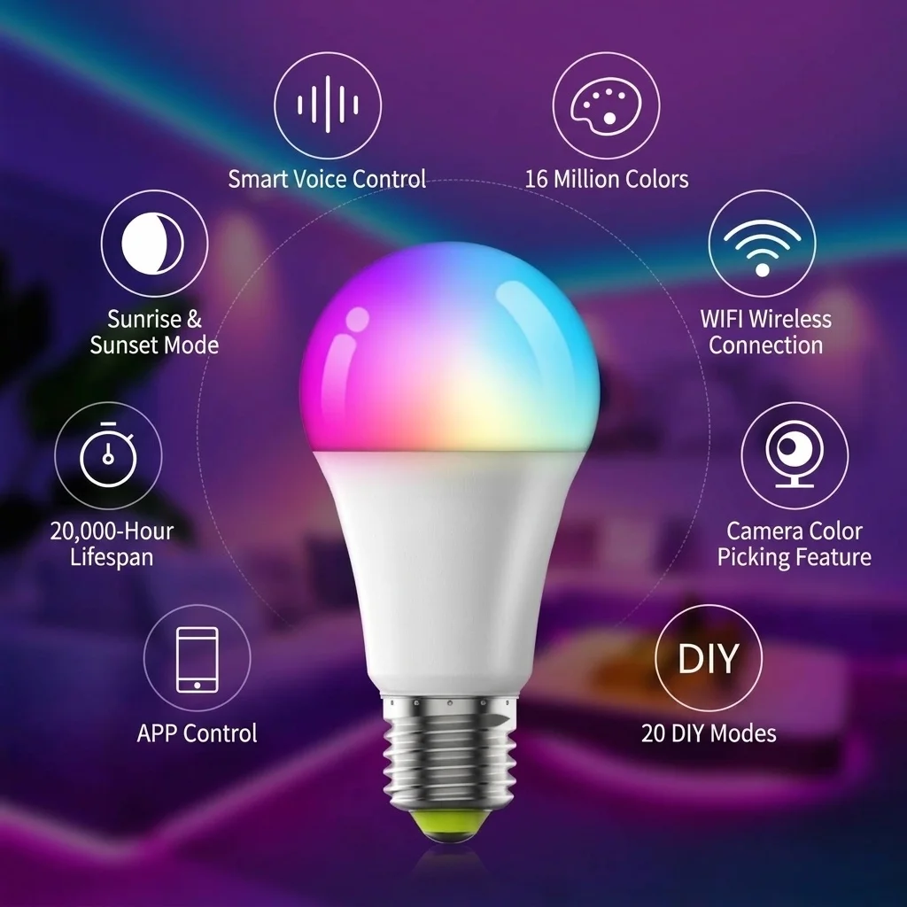 Smart WiFi LED Light Bulb RGB+CCT Dimmable Works with Alexa Google Home