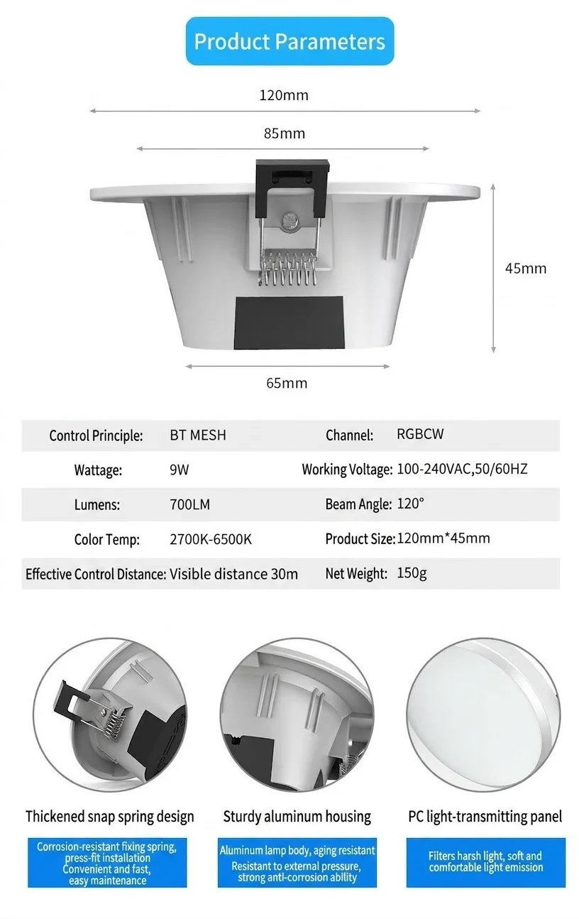 Smart RGB CCT LED Downlight Dimmable Bluetooth Mesh Light