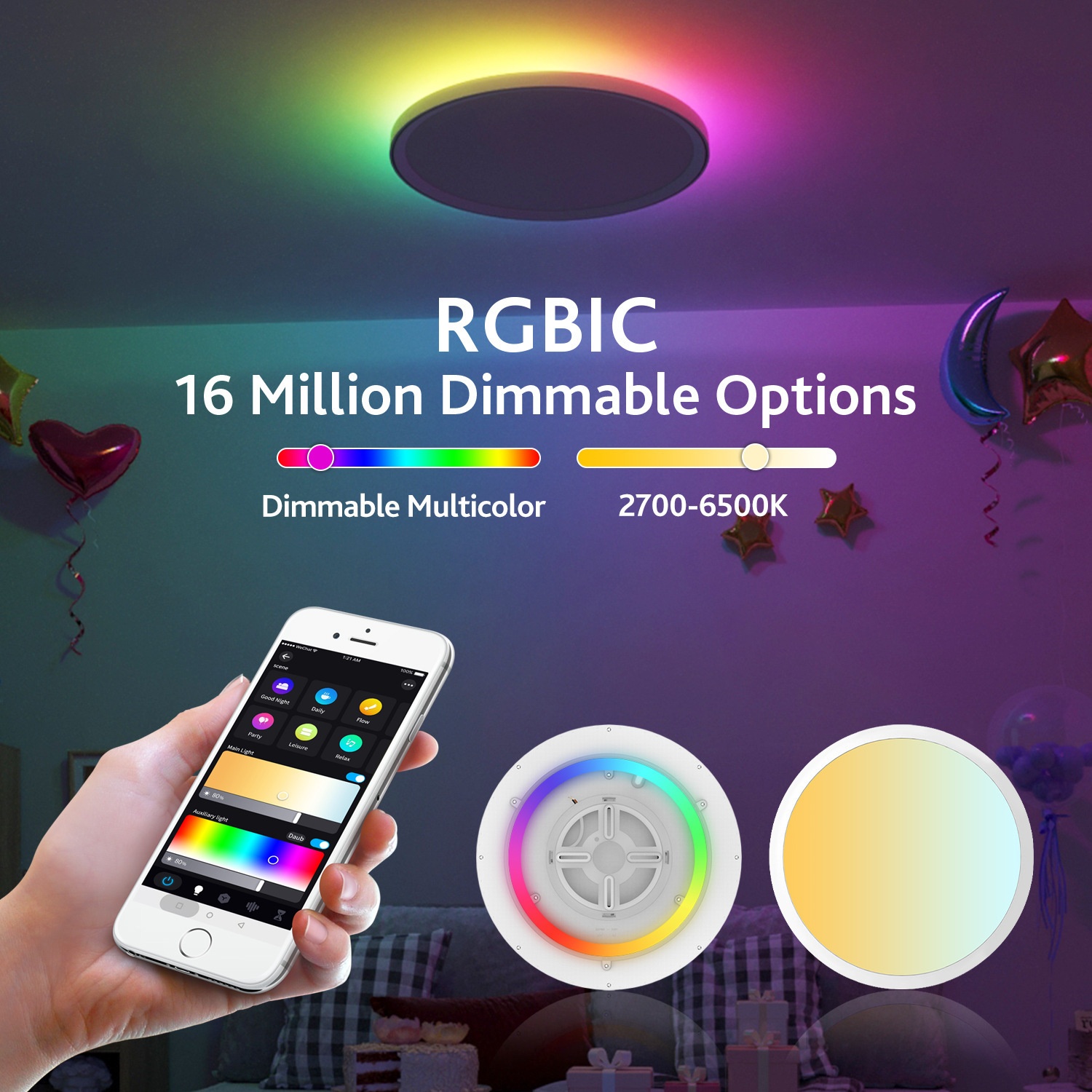 Smart LED Ceiling Light RGBIC Dimmable WiFi Alexa Google Home