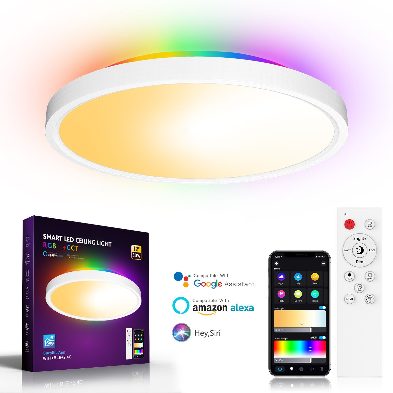 Smart LED Ceiling Light RGBIC Dimmable WiFi Alexa Google Home
