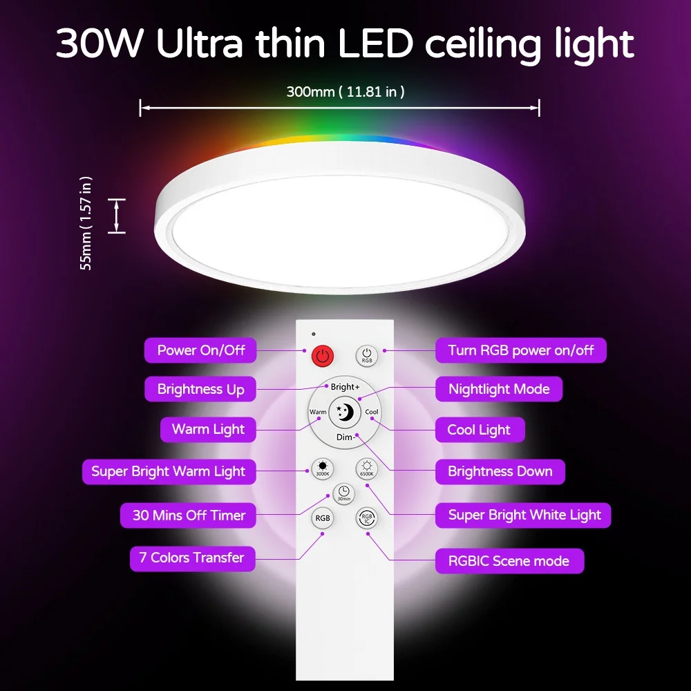 Smart LED Ceiling Light RGBIC Dimmable WiFi Alexa Google Home
